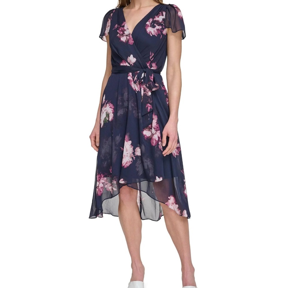 GUC DKNY Blue and Pink Floral Asymmetrical High-Low Sundress